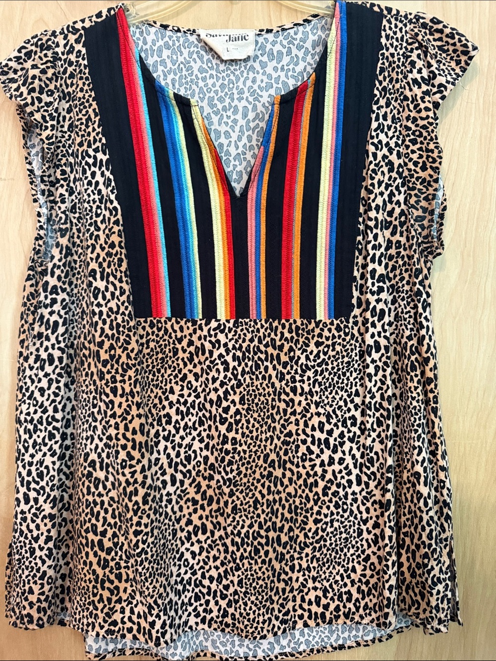 Savanna Jane Leopard Print Tunic with Multicolor Stripe V-Neck